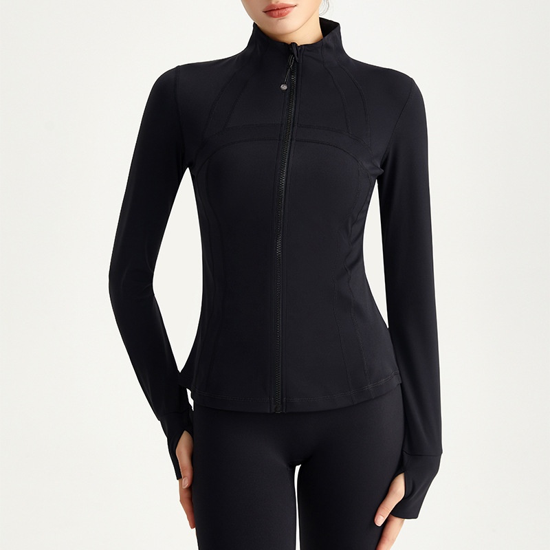 Giacca da yoga con cerniera e colletto rialzato, vestibilità aderente, manica lunga, per corsa e fitness all'aperto, Chuandun Top_voghion.com