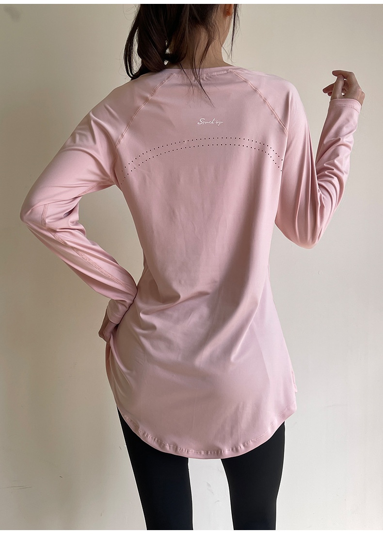 T-shirt de sport respirant à manches longues, idéal pour le printemps et l'été, couvrant les hanches et amincissant le dos, parfait pour le yoga, la course à pied et le fitness._voghion.com