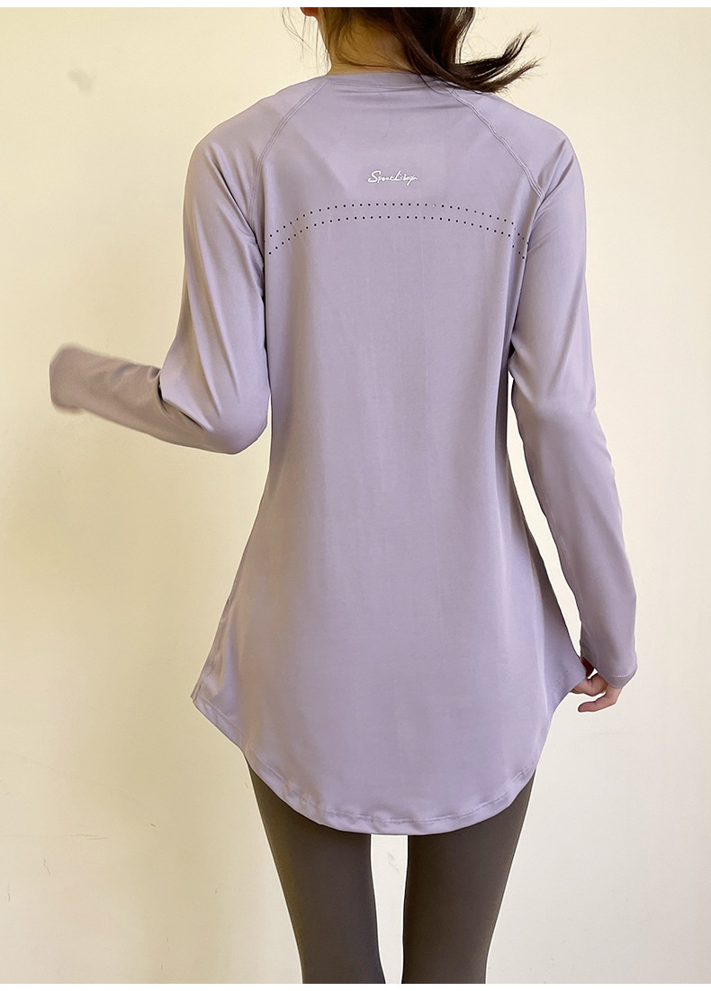 T-shirt de sport respirant à manches longues, idéal pour le printemps et l'été, couvrant les hanches et amincissant le dos, parfait pour le yoga, la course à pied et le fitness._voghion.com