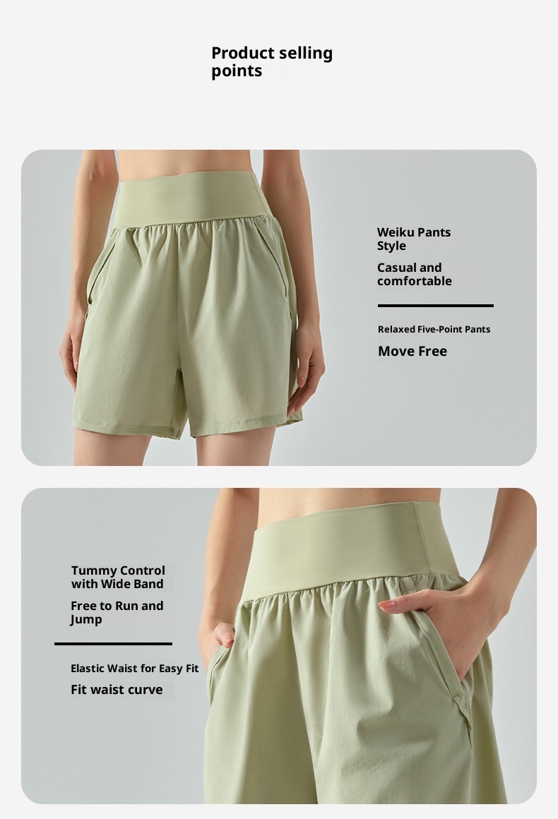 ActiveGo ActiveGo Summer Straight-Leg Sports For Women, Five-Point Outdoor Running Loose Breathable High-Waist Tummy Control Side Pocket_voghion.com