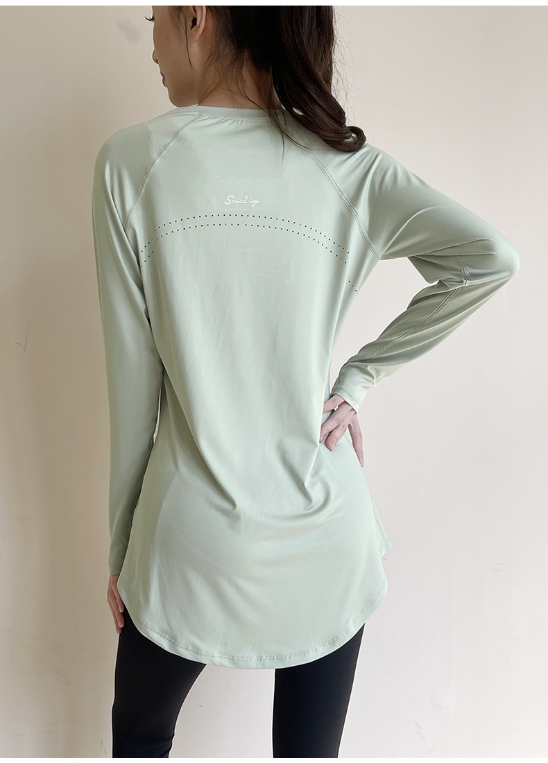 T-shirt de sport respirant à manches longues, idéal pour le printemps et l'été, couvrant les hanches et amincissant le dos, parfait pour le yoga, la course à pied et le fitness._voghion.com