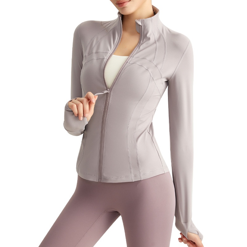 Giacca da yoga con cerniera e colletto rialzato, vestibilità aderente, manica lunga, per corsa e fitness all'aperto, Chuandun Top_voghion.com
