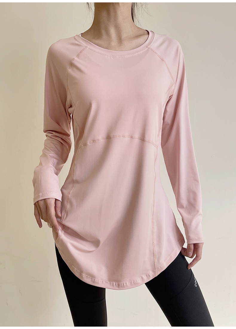 T-shirt de sport respirant à manches longues, idéal pour le printemps et l'été, couvrant les hanches et amincissant le dos, parfait pour le yoga, la course à pied et le fitness._voghion.com