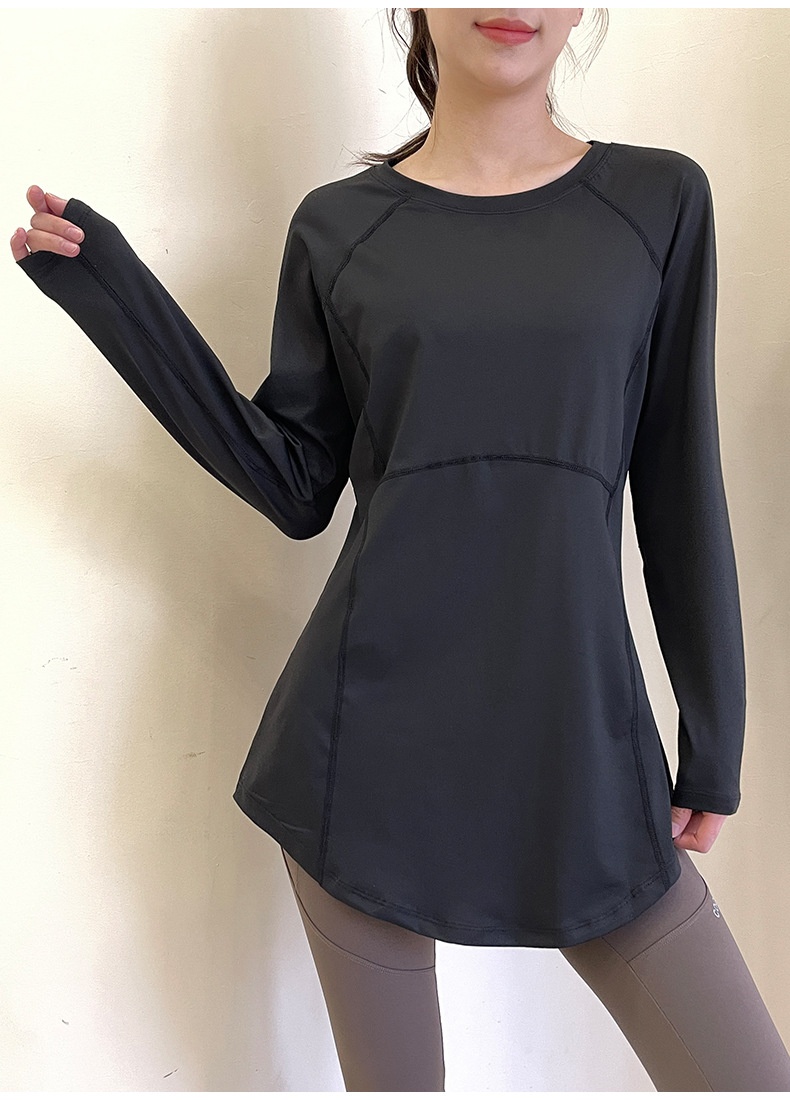 T-shirt de sport respirant à manches longues, idéal pour le printemps et l'été, couvrant les hanches et amincissant le dos, parfait pour le yoga, la course à pied et le fitness._voghion.com