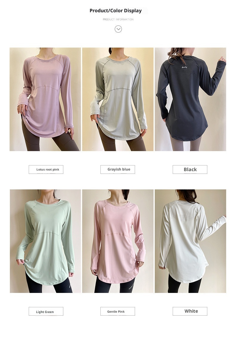 T-shirt de sport respirant à manches longues, idéal pour le printemps et l'été, couvrant les hanches et amincissant le dos, parfait pour le yoga, la course à pied et le fitness._voghion.com