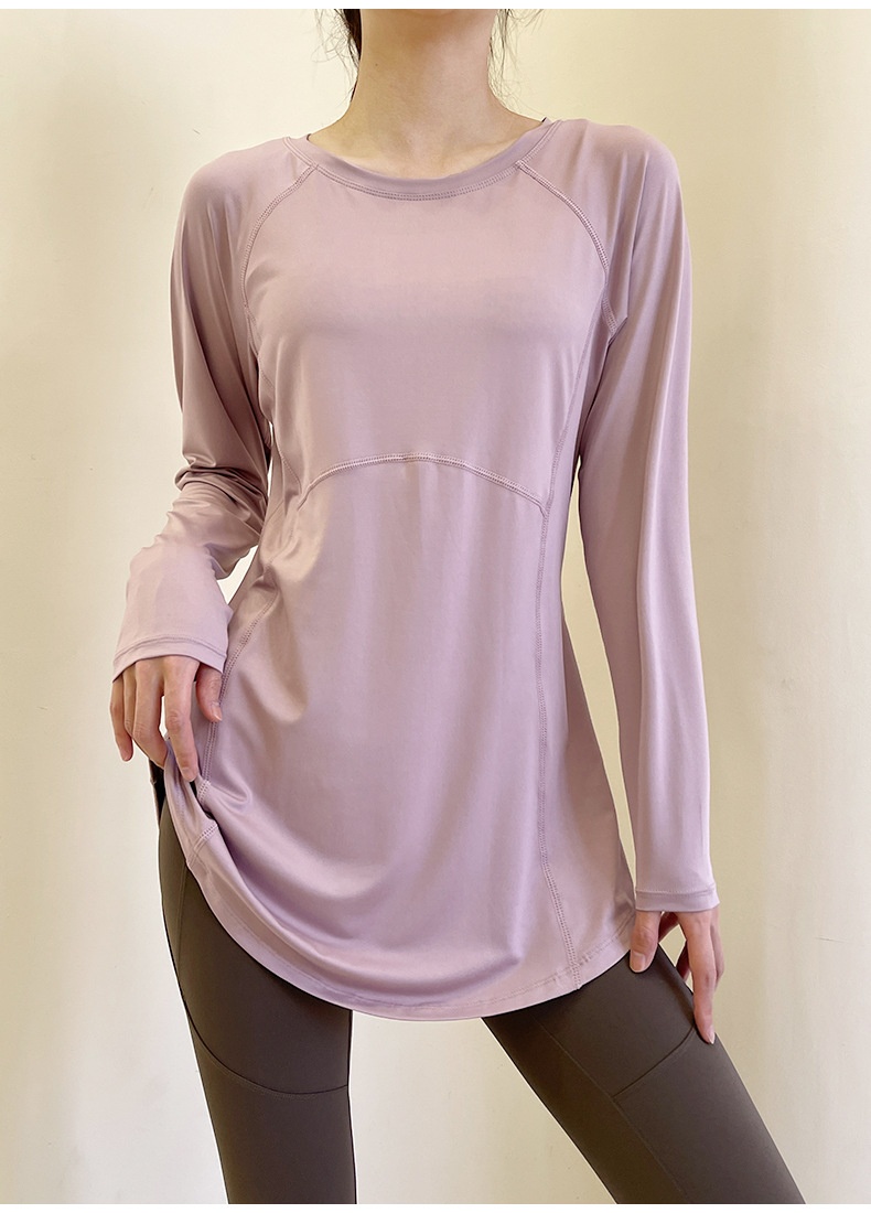 T-shirt de sport respirant à manches longues, idéal pour le printemps et l'été, couvrant les hanches et amincissant le dos, parfait pour le yoga, la course à pied et le fitness._voghion.com