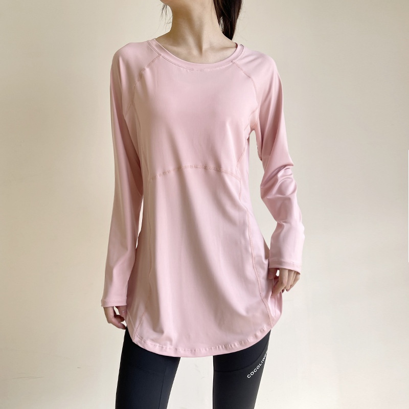 T-shirt de sport respirant à manches longues, idéal pour le printemps et l'été, couvrant les hanches et amincissant le dos, parfait pour le yoga, la course à pied et le fitness._voghion.com