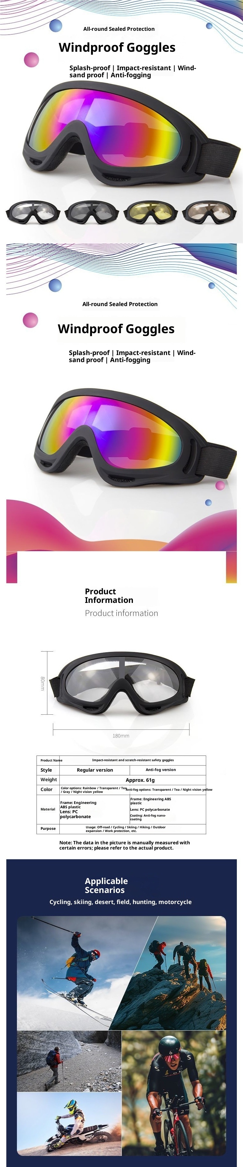 001 Óculos de Ciclismo à Prova de Areia, Proteção para Trabalho, Motociclismo, Transparentes, Antipoeira, Resistente ao Vento, para Homens, Esqui, Off-road_voghion.com