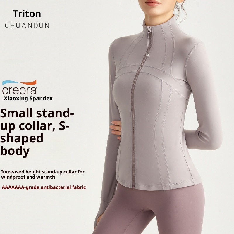 Giacca da yoga con cerniera e colletto rialzato, vestibilità aderente, manica lunga, per corsa e fitness all'aperto, Chuandun Top_voghion.com