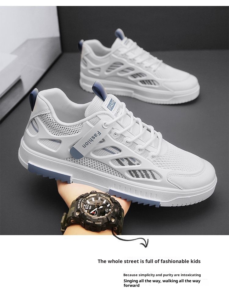001 2025 Summer New Breathable Mesh Men's Versatile White Sneakers Student Sports Casual Board Trendy Shoes_voghion.com