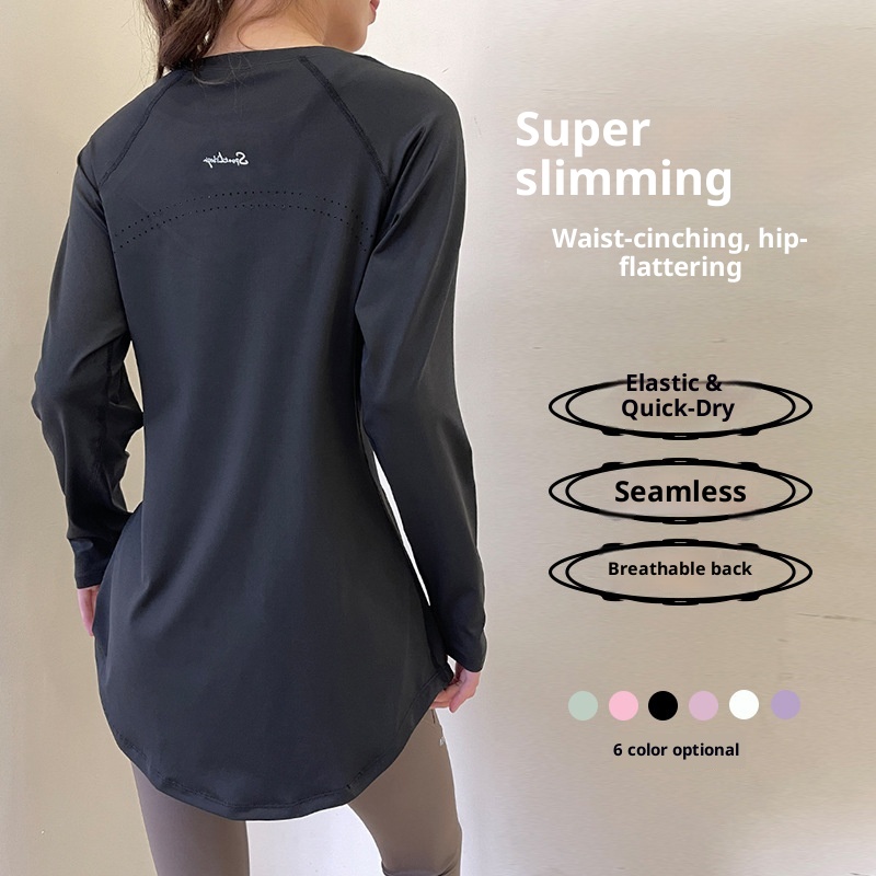 T-shirt de sport respirant à manches longues, idéal pour le printemps et l'été, couvrant les hanches et amincissant le dos, parfait pour le yoga, la course à pied et le fitness._voghion.com