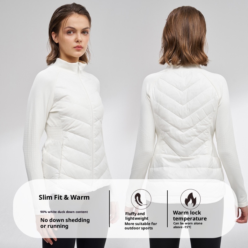 Giacca sportiva da donna in piumino d'anatra bianca, aderente, calda, a maniche lunghe, per yoga, corsa, all'aperto, autunno inverno_voghion.com