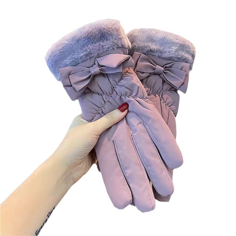001 Women's Gloves For Cycling, Windproof, Waterproof, Touchscreen, Fleece-lined, Thickened, Electric Bike, Bowknot, Winter_voghion.com
