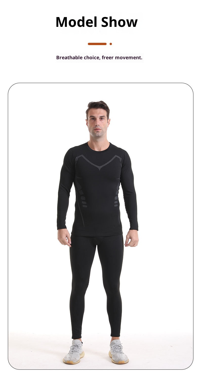001 Fleece-Lined Thermal Underwear For Men, Round Neck Layer, Sports Outdoor Skiing Base Shirt, Fitness Quick-Dry Set_voghion.com