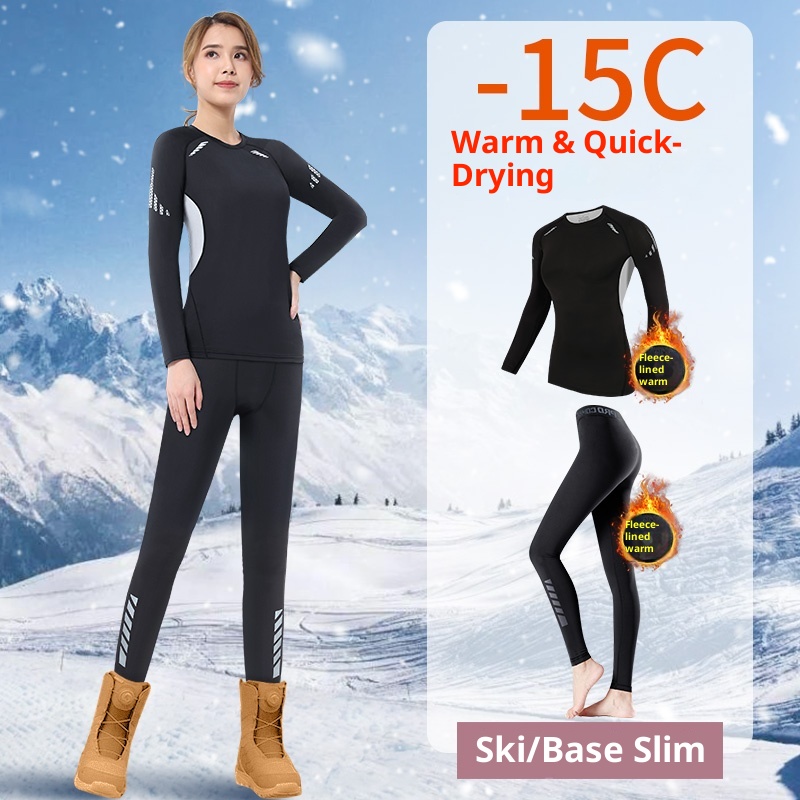 001 Intimo termico da sci da donna ad asciugatura rapida, set sportivo invernale da corsa, top a maniche lunghe con fodera in pile per escursionismo_voghion.com