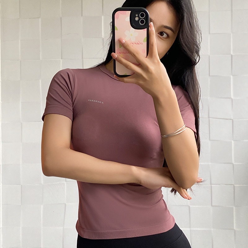 Camiseta deportiva corta de cuello redondo para correr, entrenar y yoga, de media manga, ideal para mujeres de Internet, de secado rápido._voghion.com