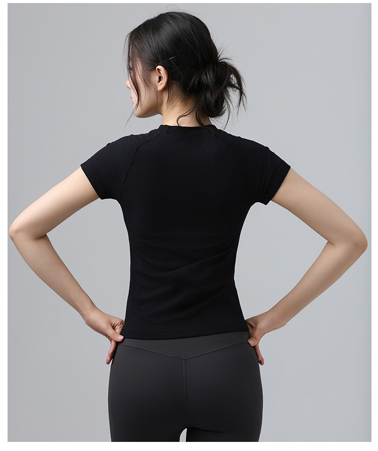 001 Maglietta sportiva da donna, attillata, dimagrante, a maniche corte, con scollo rotondo, traspirante, per corsa e pilates_voghion.com