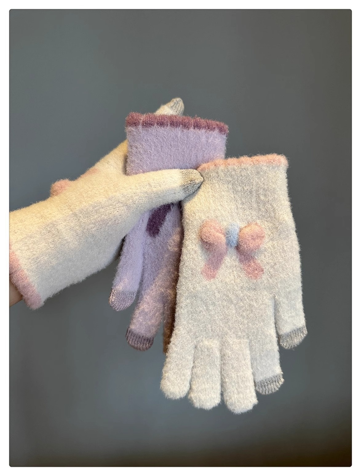 001 Frostschutz-Handschuhe für Damen, Winter, Fleece-gefüttert, warm, Touchscreen-fähig, fingerlos, Fahrradhandschuhe, gestrickt, Schleife, Plüsch, Seeblau_voghion.com