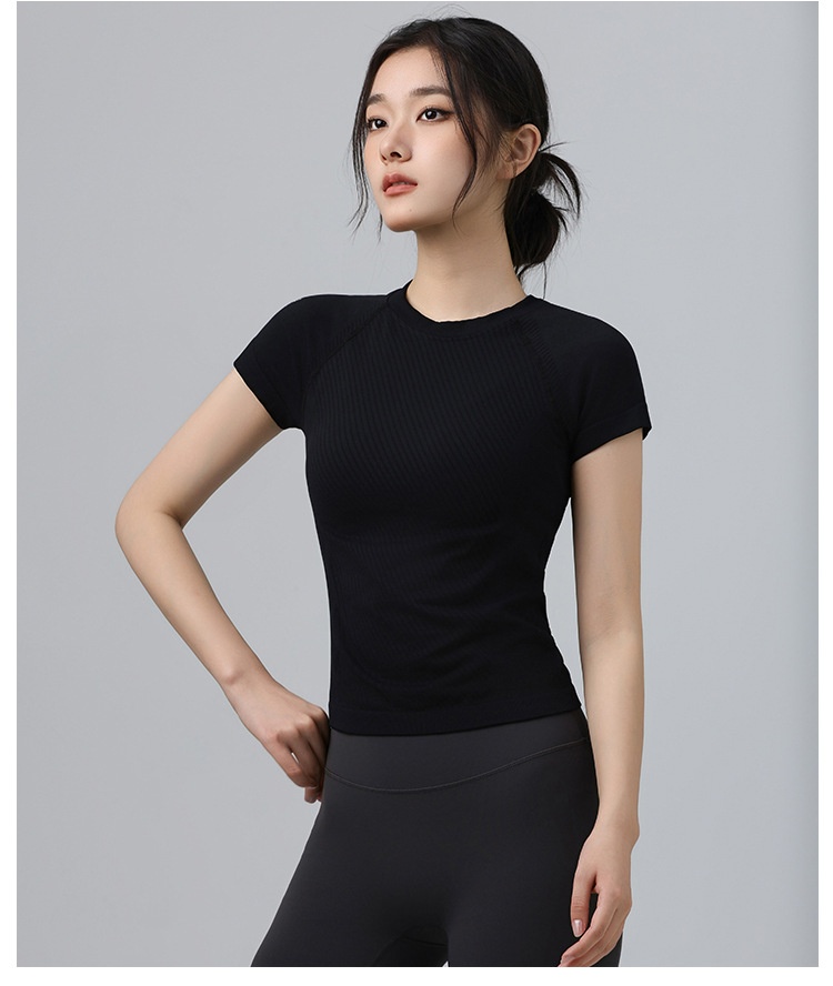 001 Maglietta sportiva da donna, attillata, dimagrante, a maniche corte, con scollo rotondo, traspirante, per corsa e pilates_voghion.com