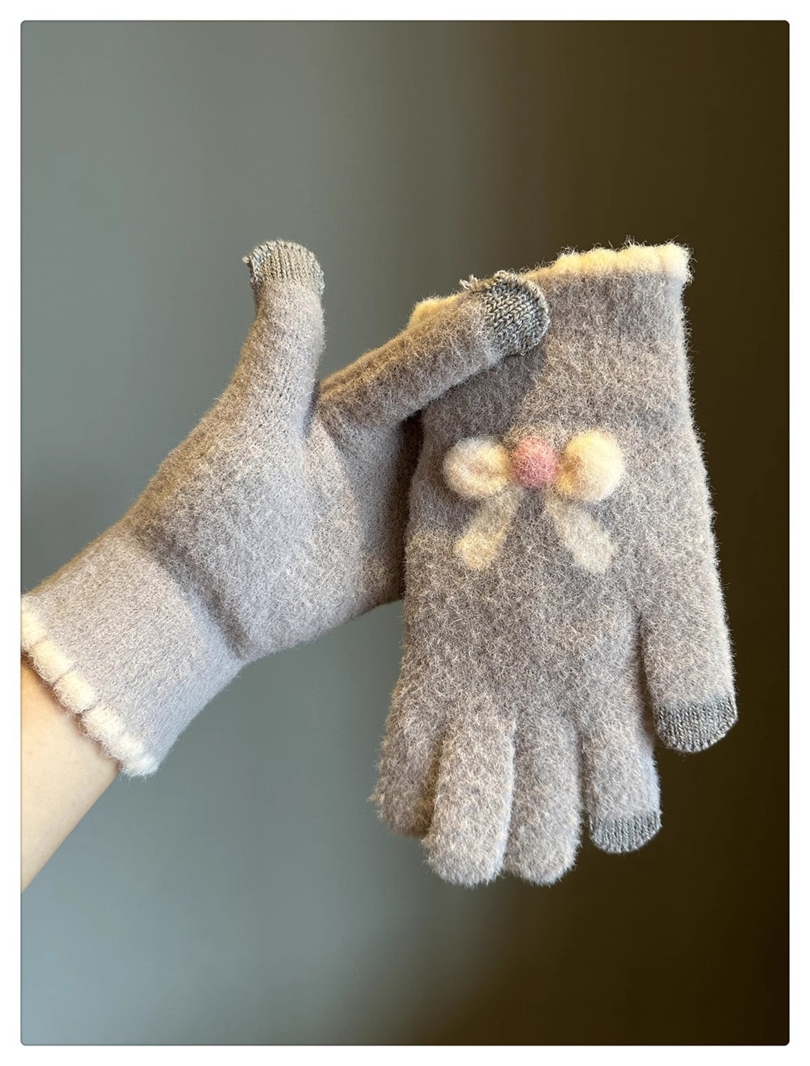 001 Frostschutz-Handschuhe für Damen, Winter, Fleece-gefüttert, warm, Touchscreen-fähig, fingerlos, Fahrradhandschuhe, gestrickt, Schleife, Plüsch, Seeblau_voghion.com