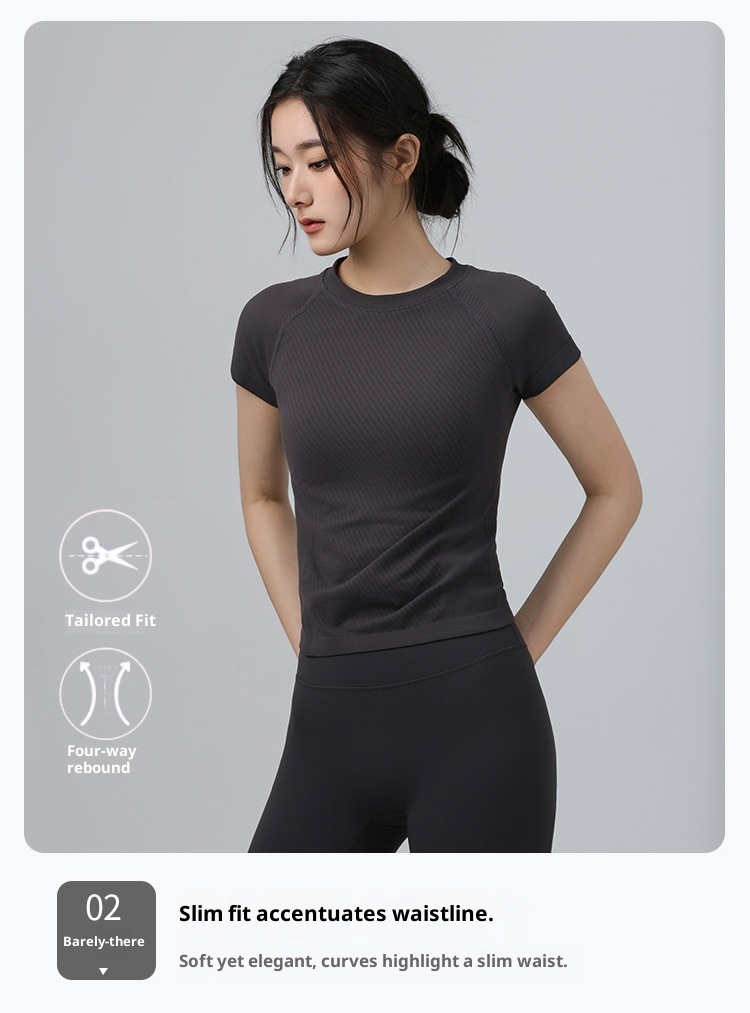 001 Maglietta sportiva da donna, attillata, dimagrante, a maniche corte, con scollo rotondo, traspirante, per corsa e pilates_voghion.com