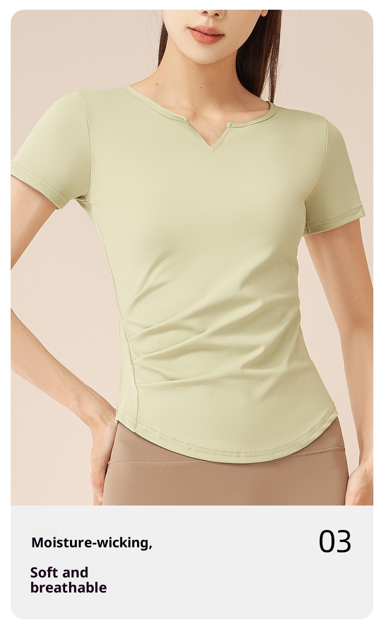 001 Juyitang Top sportivo da corsa da donna, con scollo a V, a maniche corte, ad asciugatura rapida, con arricciature, stile fitness, quasi invisibile_voghion.com