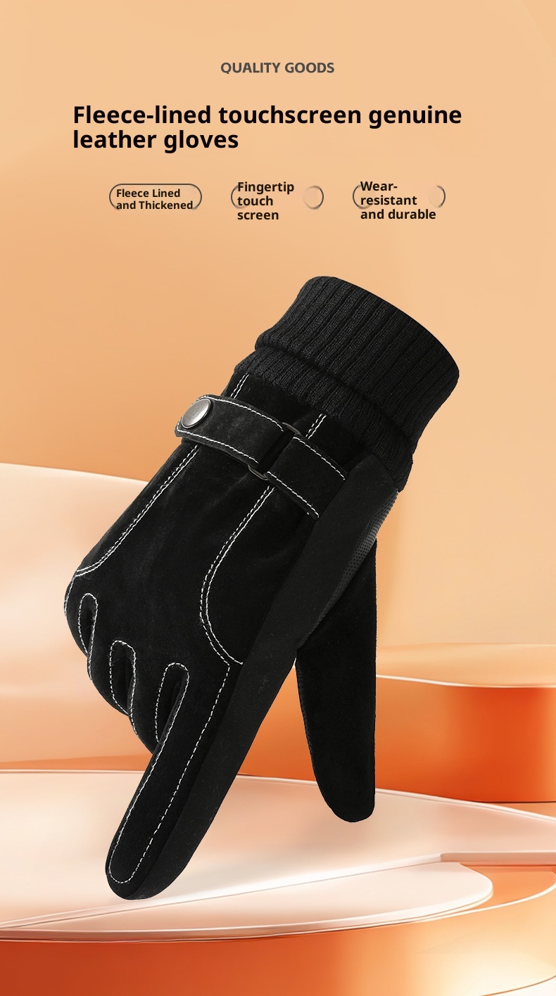 001 Pigskin Genuine Leather Ski Gloves For Men, Autumn And Winter Outdoor Riding Motorcycle Windproof Non-slip Fleece-lined_voghion.com