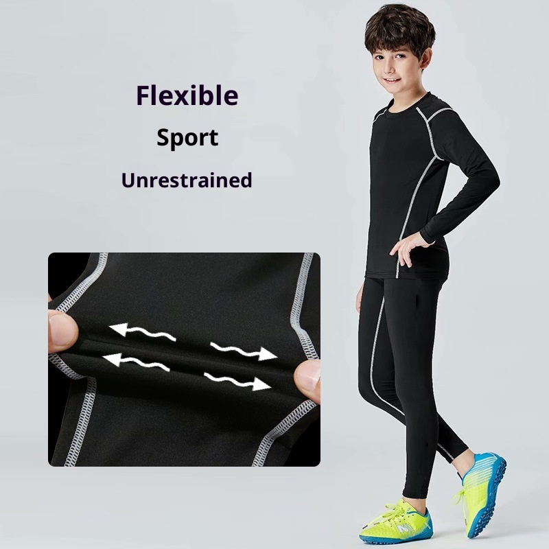 001 Children's Compression Training Suit Set Boys Basketball Soccer Sports Fitness Warm Base Layer Student Autumn Winter_voghion.com