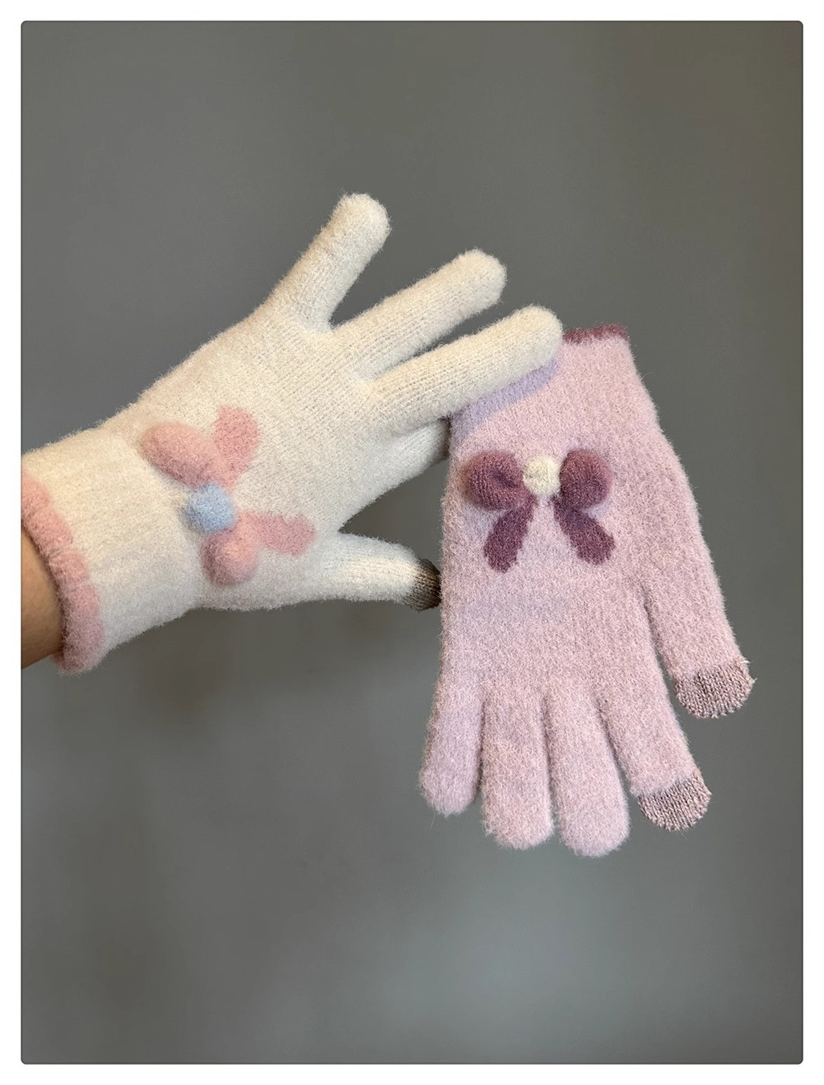 001 Frostschutz-Handschuhe für Damen, Winter, Fleece-gefüttert, warm, Touchscreen-fähig, fingerlos, Fahrradhandschuhe, gestrickt, Schleife, Plüsch, Seeblau_voghion.com