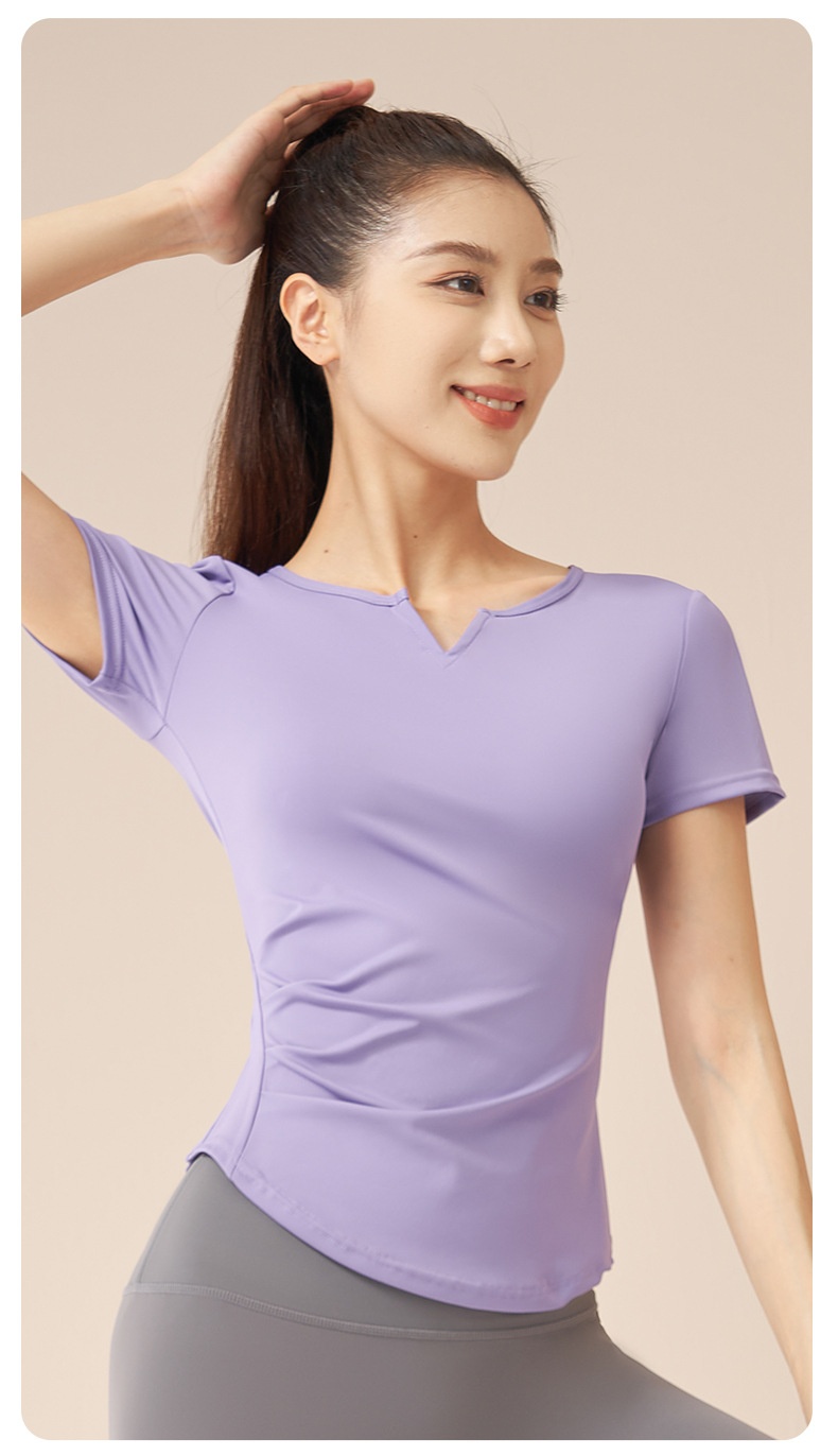 001 Juyitang Top sportivo da corsa da donna, con scollo a V, a maniche corte, ad asciugatura rapida, con arricciature, stile fitness, quasi invisibile_voghion.com
