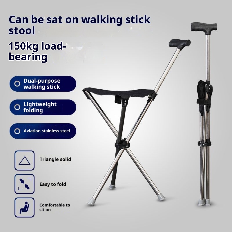 001 Telescopic Hiking Foldable Walking Lightweight Thickened Anti-fall Sitting Stick Triangle Seat Portable Stool_voghion.com