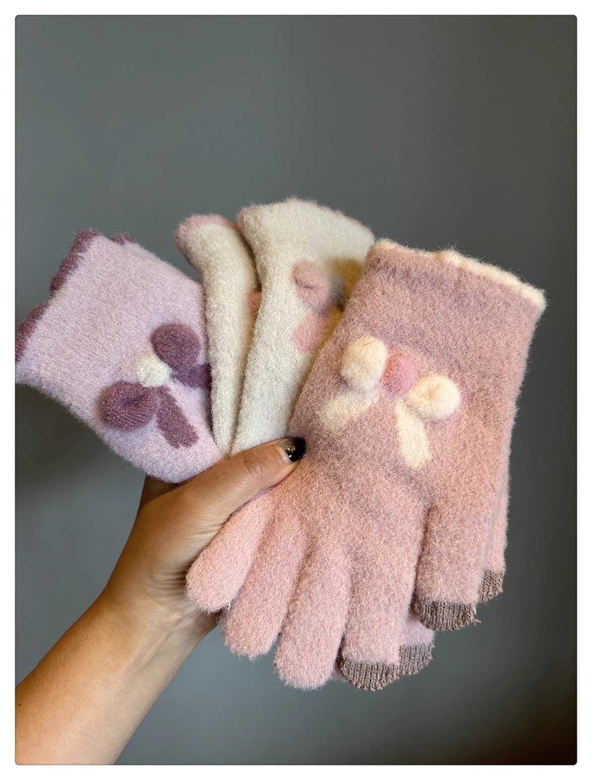 001 Frostschutz-Handschuhe für Damen, Winter, Fleece-gefüttert, warm, Touchscreen-fähig, fingerlos, Fahrradhandschuhe, gestrickt, Schleife, Plüsch, Seeblau_voghion.com