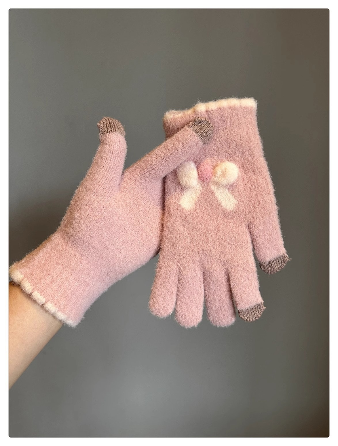 001 Frostschutz-Handschuhe für Damen, Winter, Fleece-gefüttert, warm, Touchscreen-fähig, fingerlos, Fahrradhandschuhe, gestrickt, Schleife, Plüsch, Seeblau_voghion.com