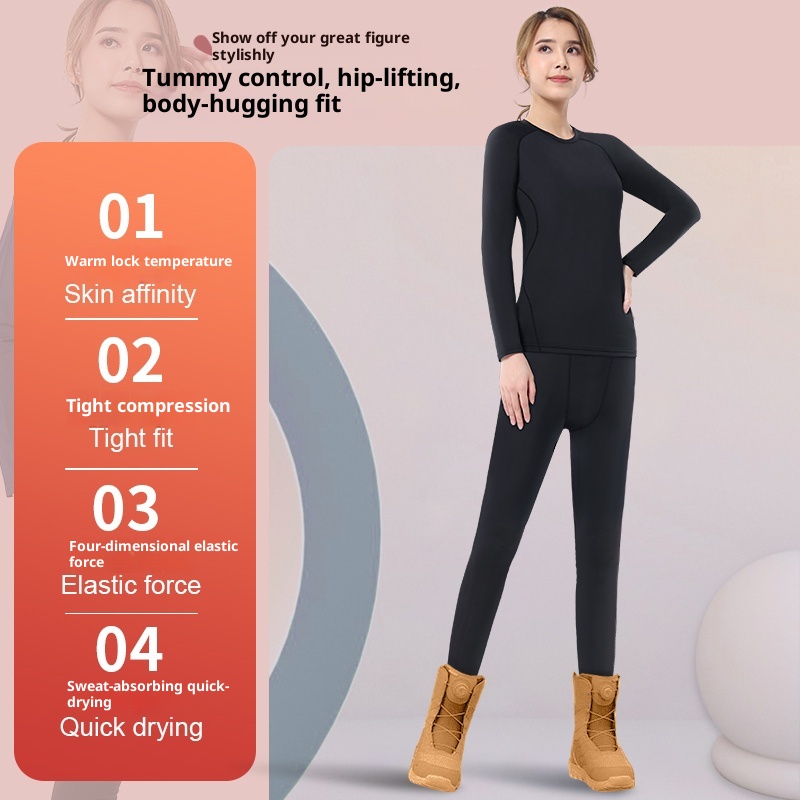 001 Intimo termico da sci da donna ad asciugatura rapida, set sportivo invernale da corsa, top a maniche lunghe con fodera in pile per escursionismo_voghion.com