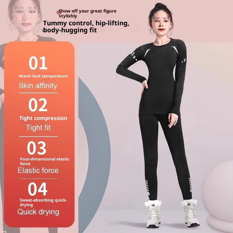 001 Quick-Dry Women's Ski Thermal Underwear Winter Fleece Outdoor Hiking Base Layer Long Sleeve Running Sports Set_voghion.com