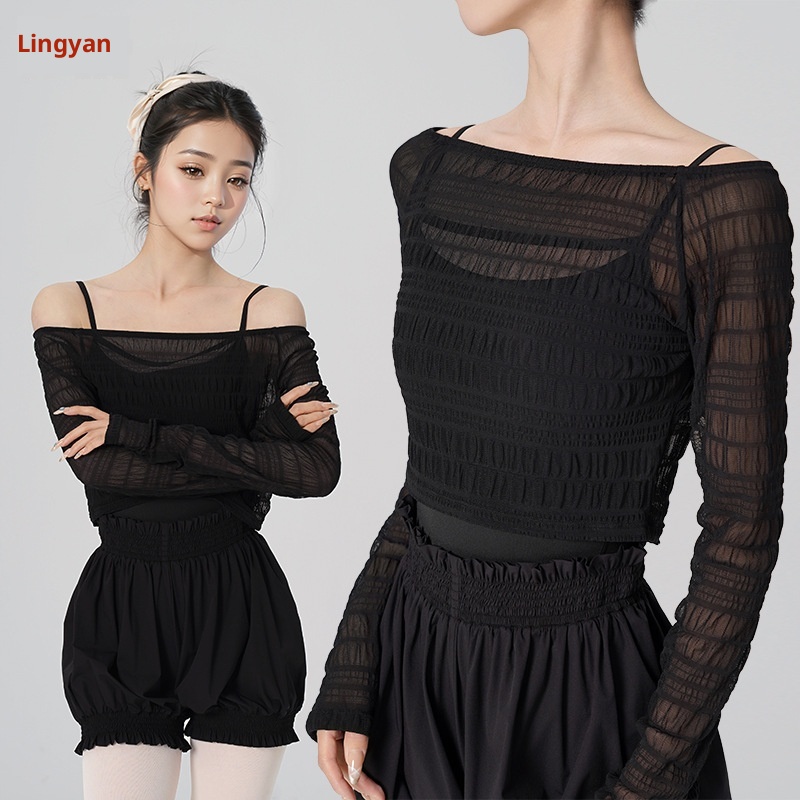 001 Yoga-Shirt für Erwachsene, Spitzenbluse für Damen, neues, stylisches Zwei-Wege-Oberteil, lange Ärmel, Mesh-Oberteil_voghion.com