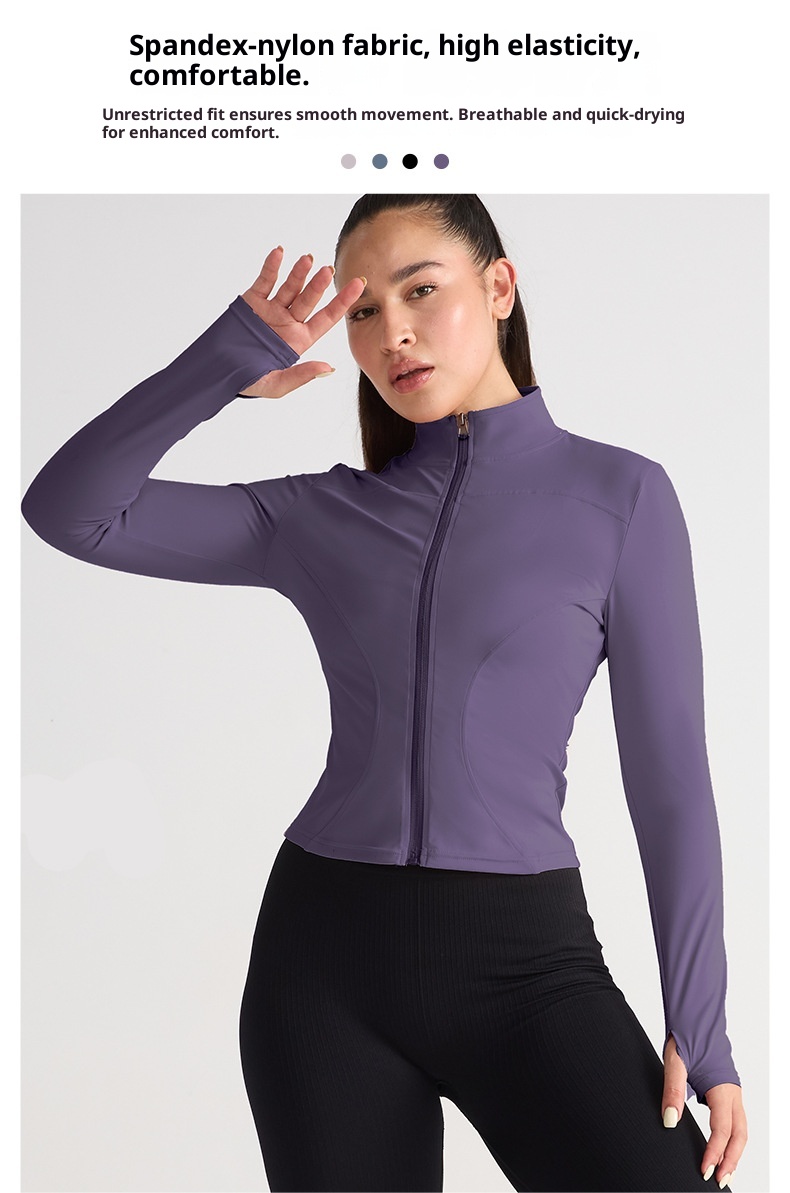 001 Giacca elasticizzata alta Abbigliamento fitness Top Autunno Inverno Collo alto Cerniera Abbigliamento sportivo Corsa Slim Fit Manica lunga Yoga_voghion.com