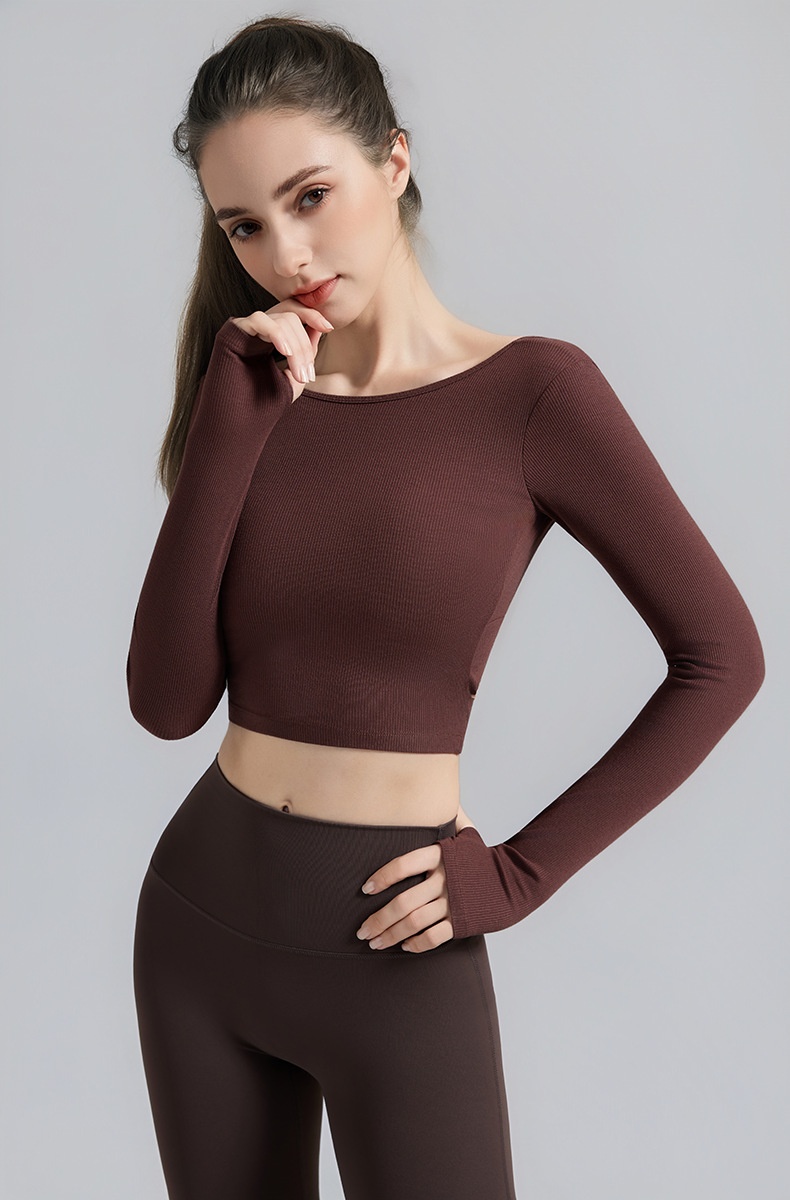 001 Top da yoga da donna con imbottitura per il petto, per pilates, con schiena scoperta, dimagrante, sportivo, a maniche lunghe, per allenamento e fitness_voghion.com