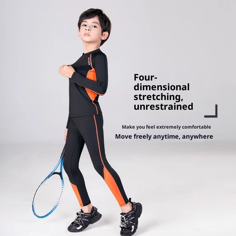 Conjunto de treino infantil de compressão Warrior 001 para outono e inverno, ideal para basquetebol e futebol. Secagem rápida._voghion.com