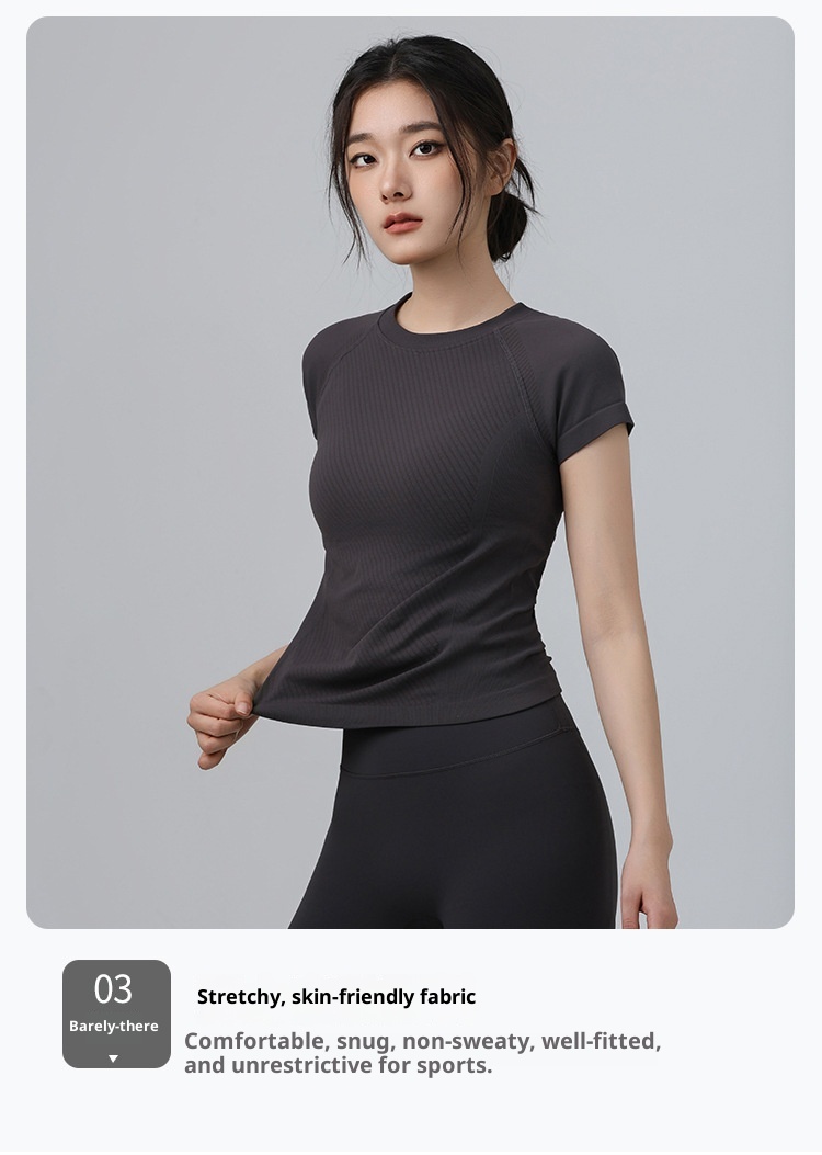 001 Maglietta sportiva da donna, attillata, dimagrante, a maniche corte, con scollo rotondo, traspirante, per corsa e pilates_voghion.com