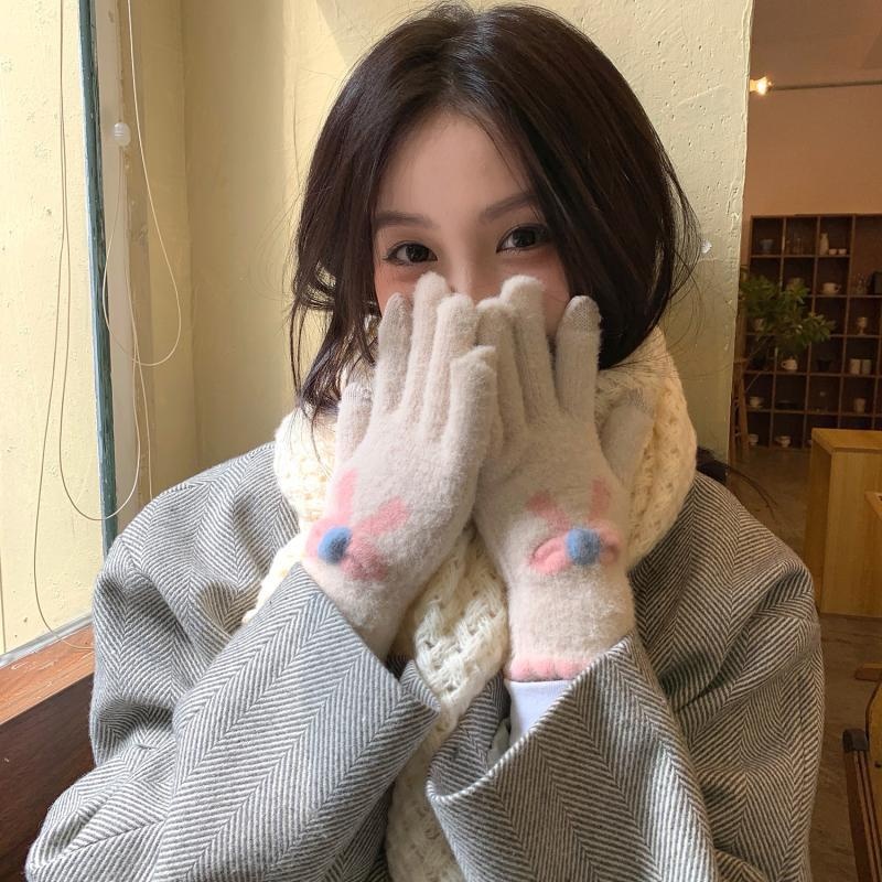 001 Frostschutz-Handschuhe für Damen, Winter, Fleece-gefüttert, warm, Touchscreen-fähig, fingerlos, Fahrradhandschuhe, gestrickt, Schleife, Plüsch, Seeblau_voghion.com