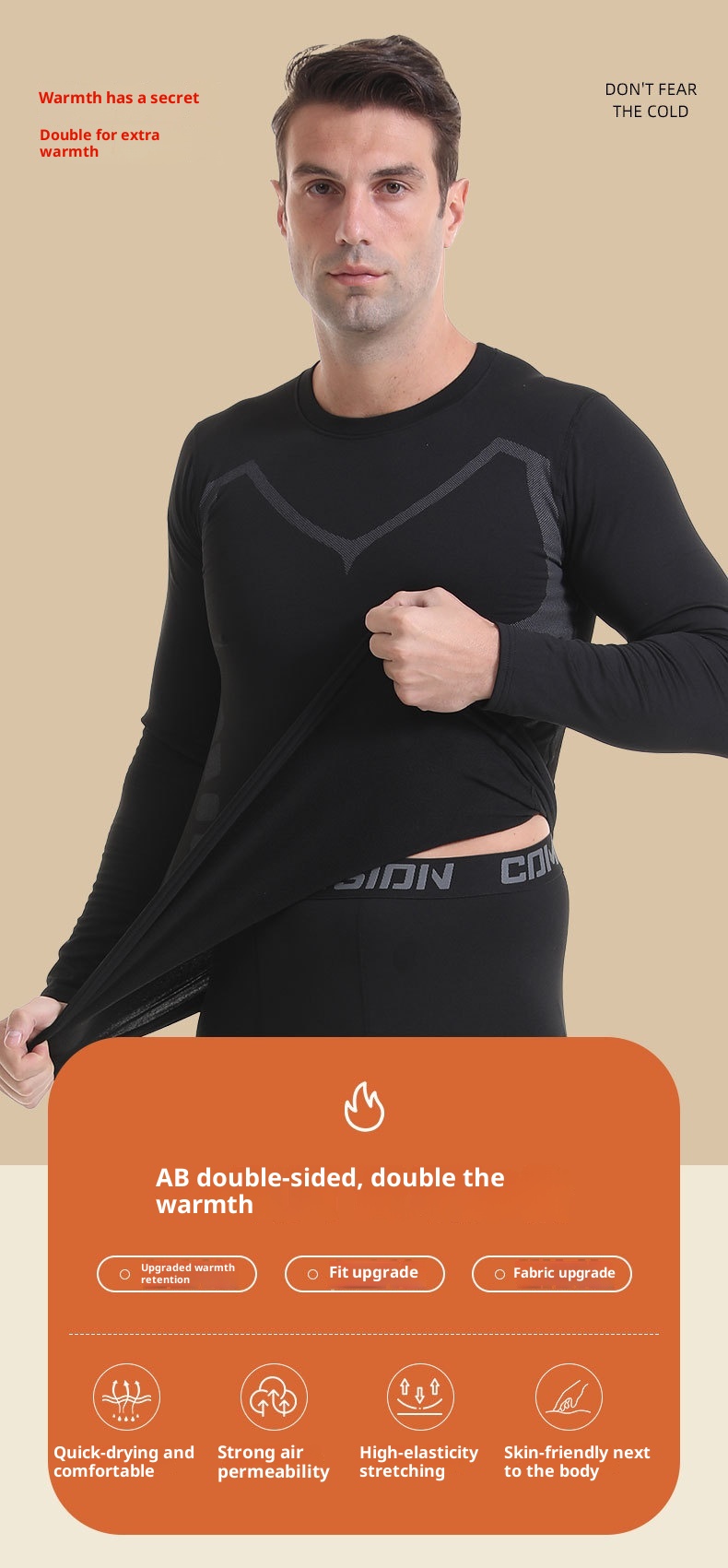 001 Fleece-Lined Thermal Underwear For Men, Round Neck Layer, Sports Outdoor Skiing Base Shirt, Fitness Quick-Dry Set_voghion.com