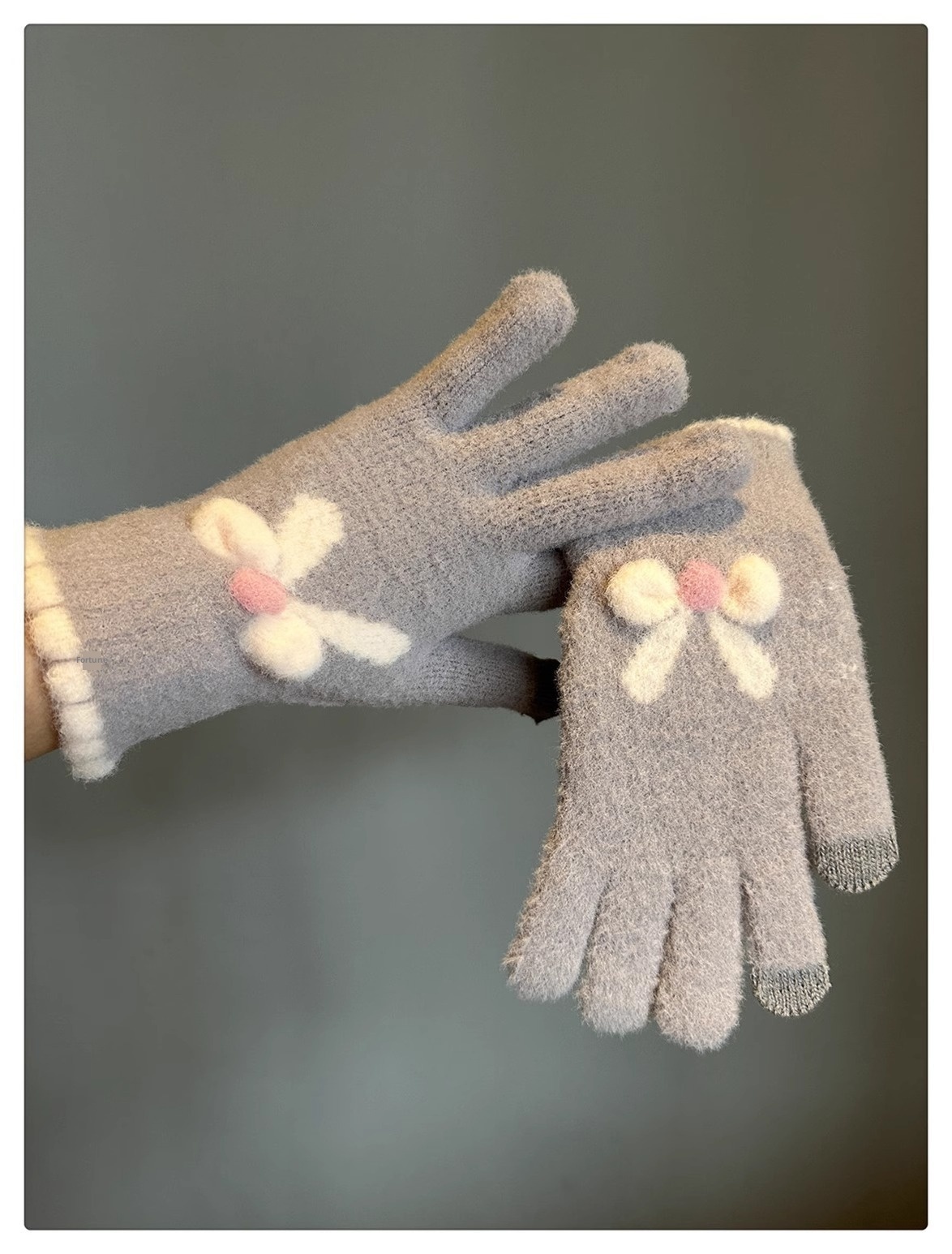 001 Frostschutz-Handschuhe für Damen, Winter, Fleece-gefüttert, warm, Touchscreen-fähig, fingerlos, Fahrradhandschuhe, gestrickt, Schleife, Plüsch, Seeblau_voghion.com