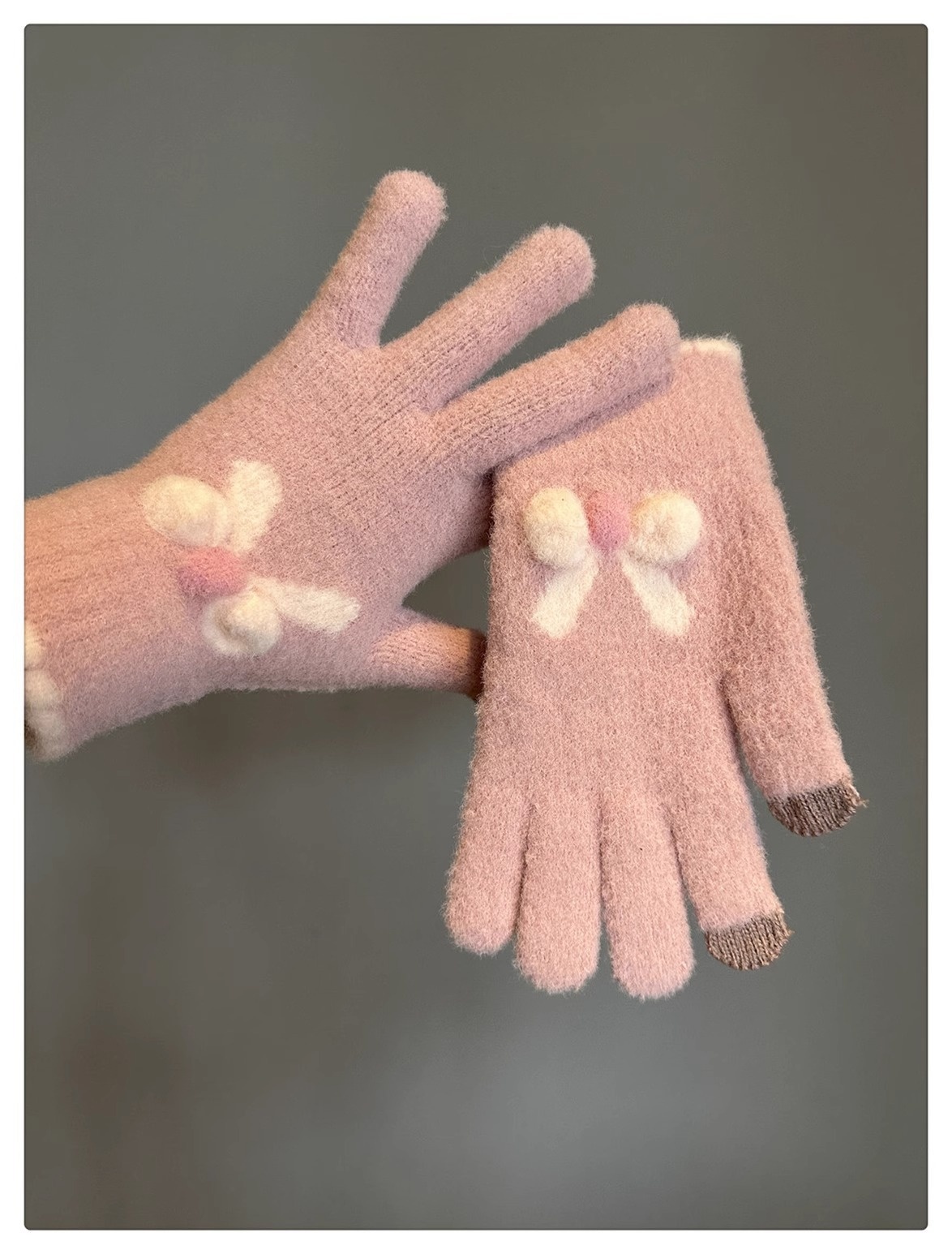 001 Frostschutz-Handschuhe für Damen, Winter, Fleece-gefüttert, warm, Touchscreen-fähig, fingerlos, Fahrradhandschuhe, gestrickt, Schleife, Plüsch, Seeblau_voghion.com
