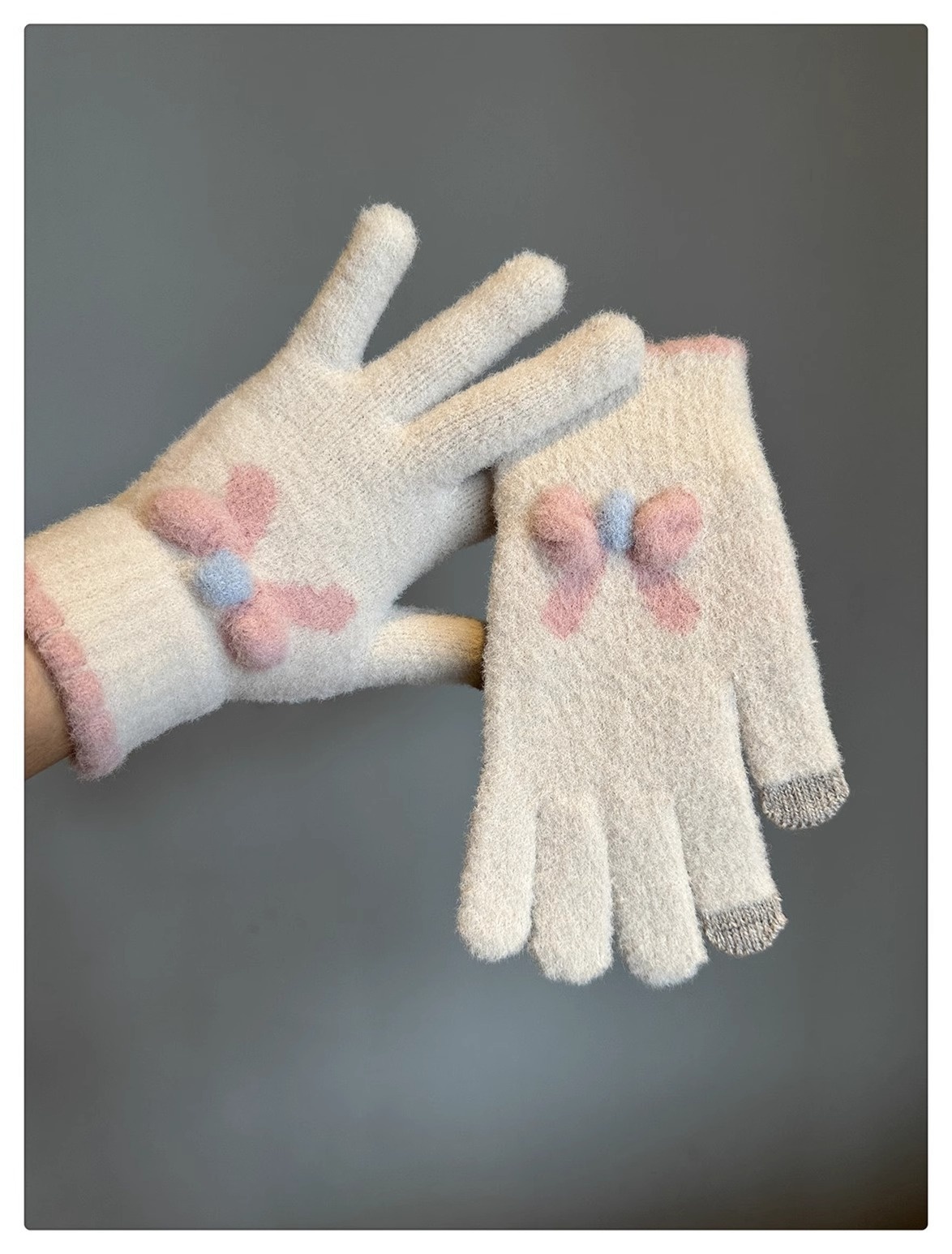 001 Frostschutz-Handschuhe für Damen, Winter, Fleece-gefüttert, warm, Touchscreen-fähig, fingerlos, Fahrradhandschuhe, gestrickt, Schleife, Plüsch, Seeblau_voghion.com