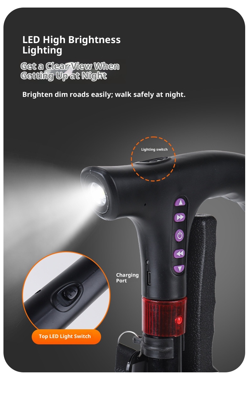 001 Multifunctional Smart Radio Elderly, Anti-Slip Telescopic Cane With Light, Aluminum Alloy Walking Stick For Seniors_voghion.com