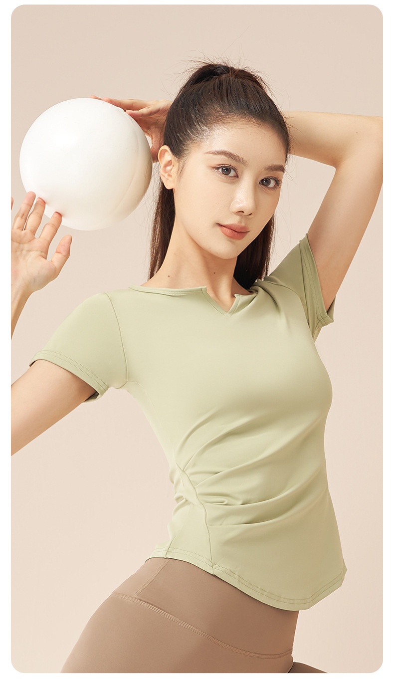 001 Juyitang Top sportivo da corsa da donna, con scollo a V, a maniche corte, ad asciugatura rapida, con arricciature, stile fitness, quasi invisibile_voghion.com