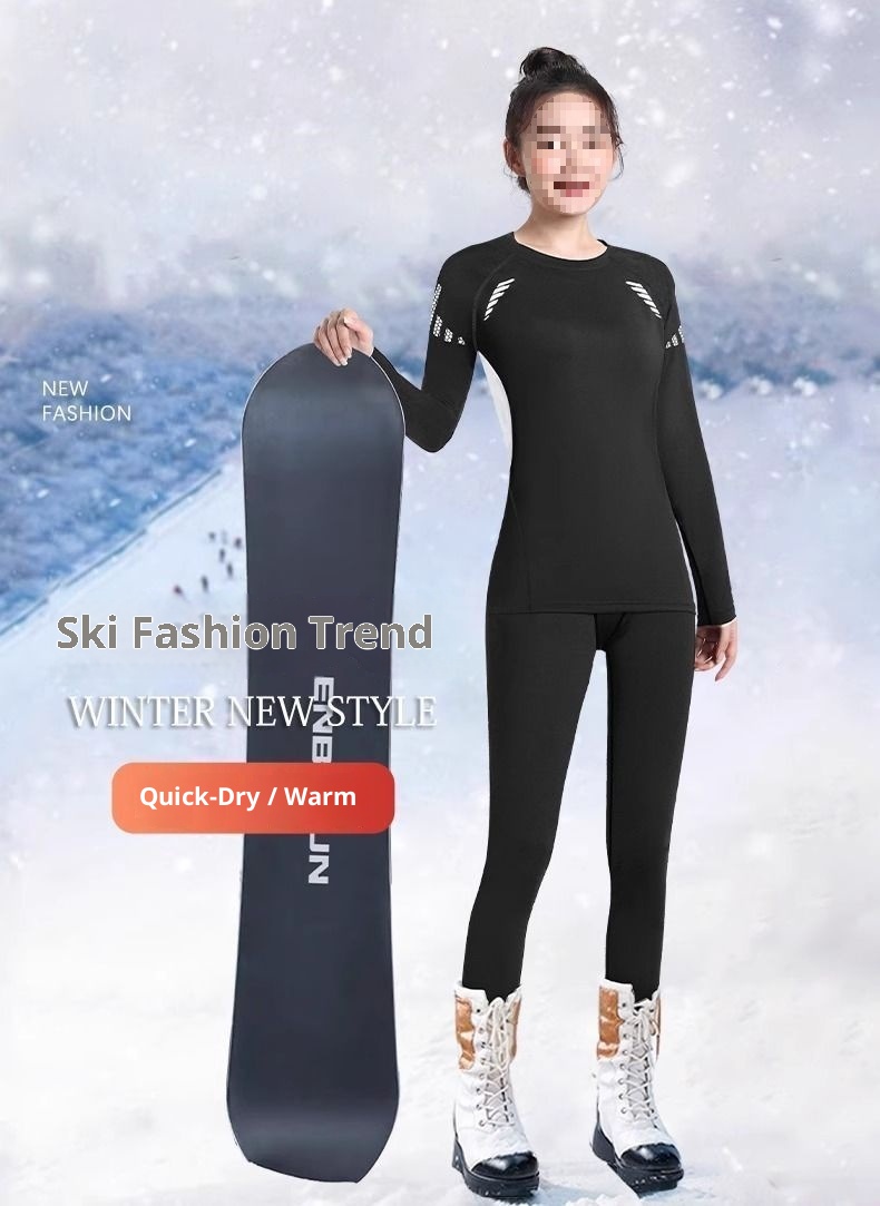 001 Quick-Dry Women's Ski Thermal Underwear Winter Fleece Outdoor Hiking Base Layer Long Sleeve Running Sports Set_voghion.com