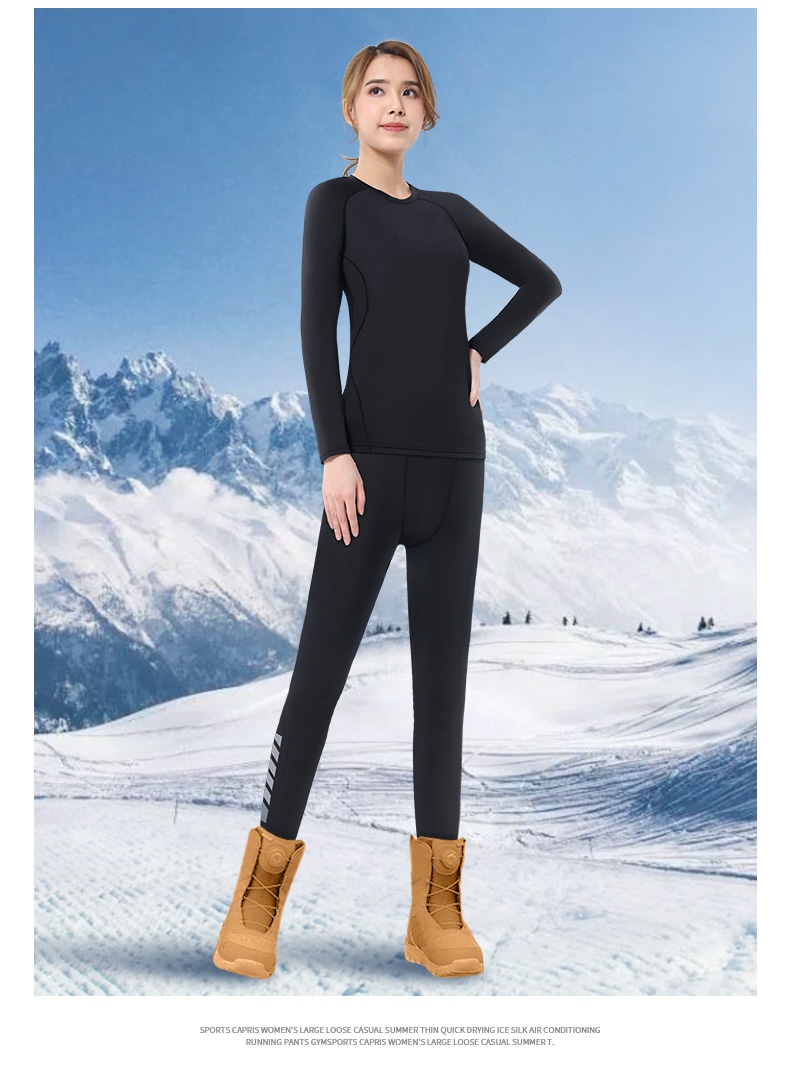 001 Intimo termico da sci da donna ad asciugatura rapida, set sportivo invernale da corsa, top a maniche lunghe con fodera in pile per escursionismo_voghion.com