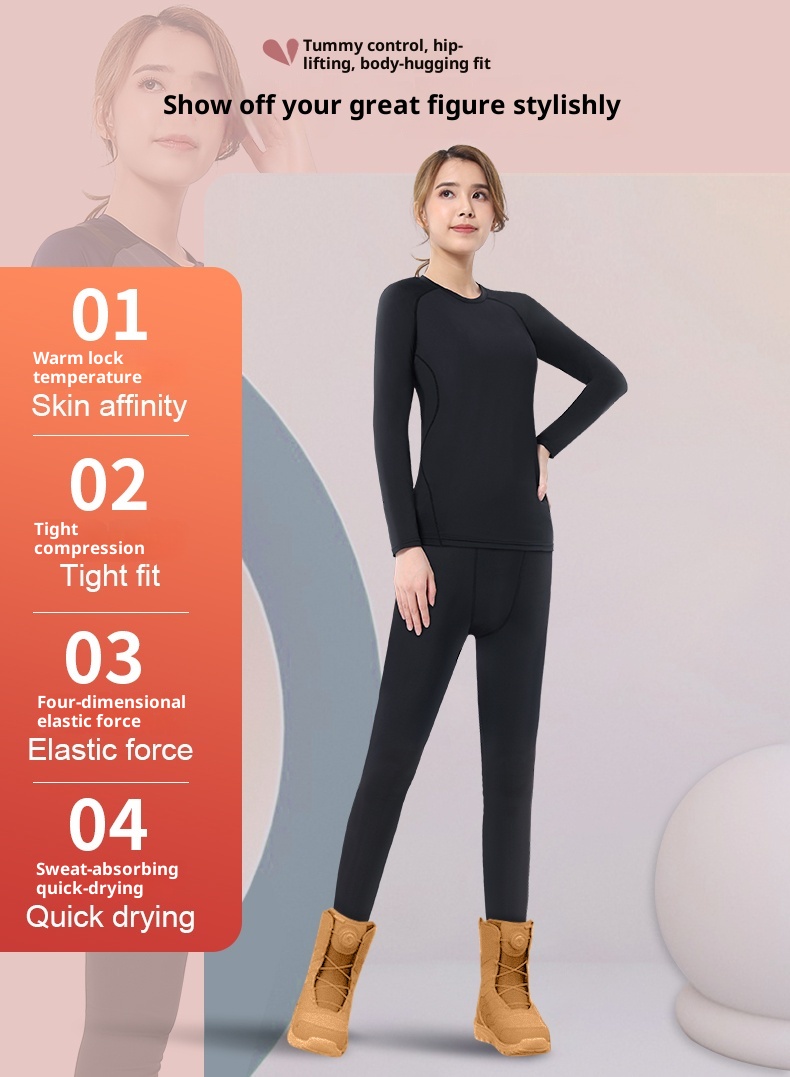 001 Intimo termico da sci da donna ad asciugatura rapida, set sportivo invernale da corsa, top a maniche lunghe con fodera in pile per escursionismo_voghion.com